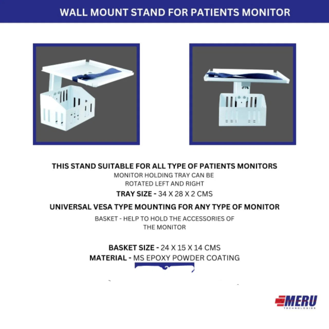 Patient Monitor Wall Stand With Basket & Belt. Compatible with All type Patient Monitor.