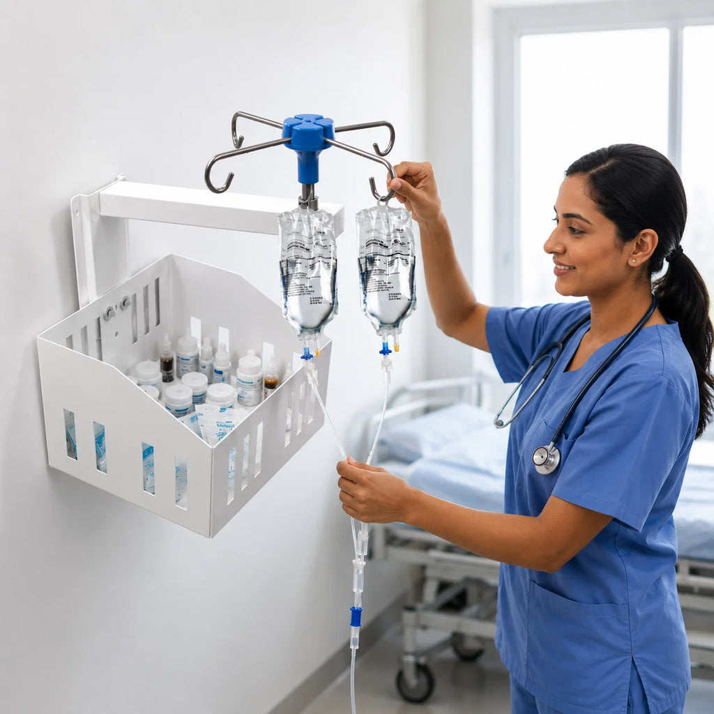 Wall Mounted IV Stand with Storage Basket & 4 Hooks | Saline Bottle Holder for Hospital Bedside | Space Saving Medical Utility Rack for ICU, OT, Clinics, Home Care & Patient Rooms