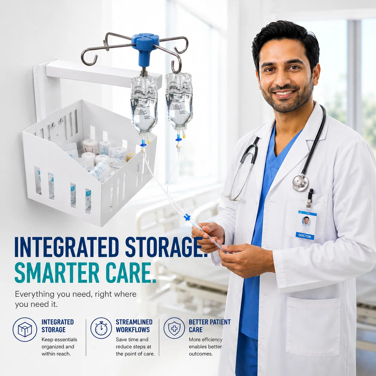 Wall Mounted IV Stand with Storage Basket & 4 Hooks | Saline Bottle Holder for Hospital Bedside | Space Saving Medical Utility Rack for ICU, OT, Clinics, Home Care & Patient Rooms