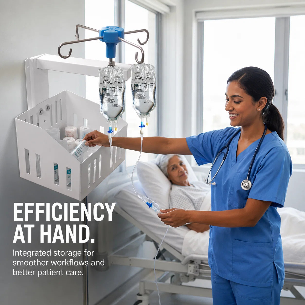 Wall Mounted IV Stand with Storage Basket & 4 Hooks | Saline Bottle Holder for Hospital Bedside | Space Saving Medical Utility Rack for ICU, OT, Clinics, Home Care & Patient Rooms