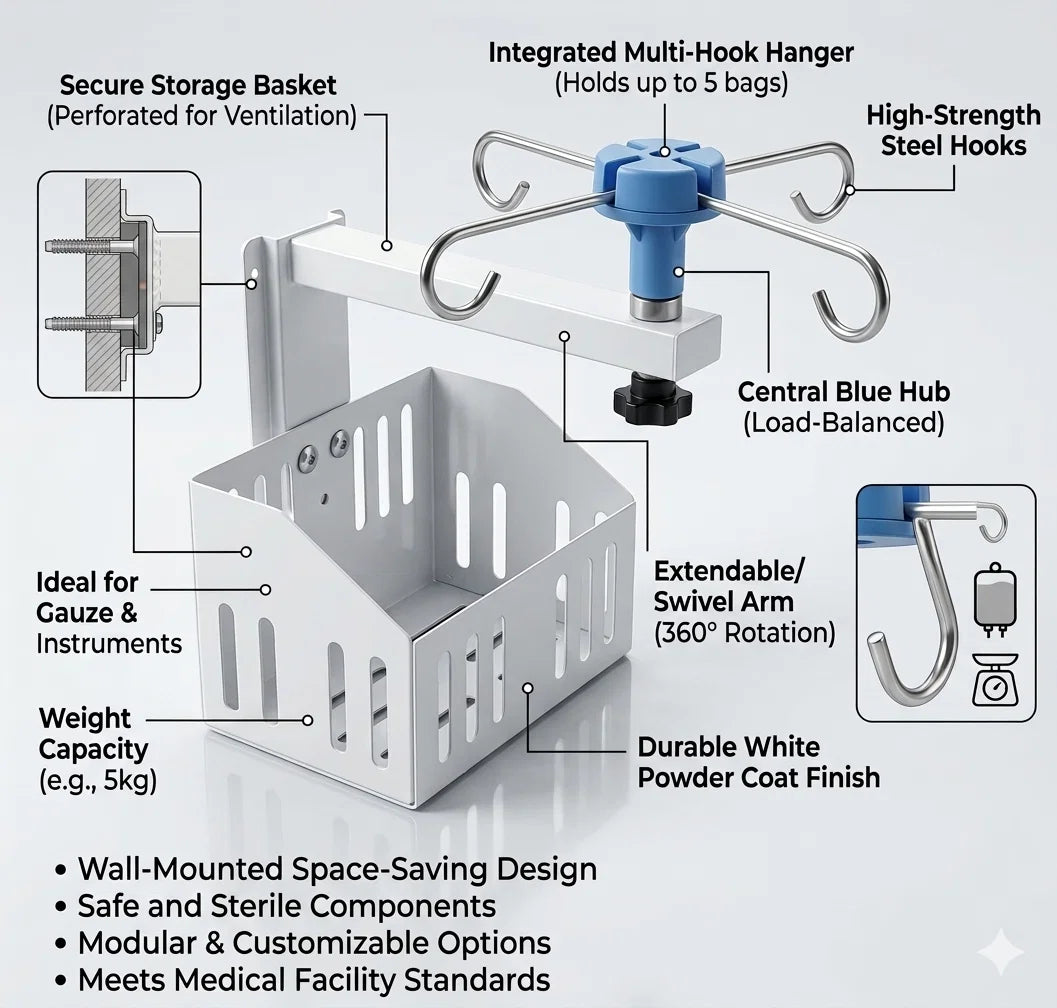 Wall Mounted IV Stand with Storage Basket & 4 Hooks | Saline Bottle Holder for Hospital Bedside | Space Saving Medical Utility Rack for ICU, OT, Clinics, Home Care & Patient Rooms