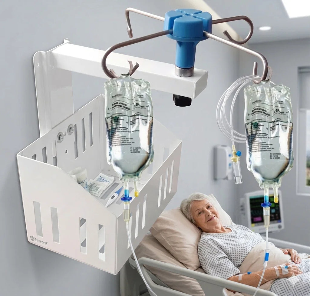 Wall Mounted IV Stand with Storage Basket & 4 Hooks | Saline Bottle Holder for Hospital Bedside | Space Saving Medical Utility Rack for ICU, OT, Clinics, Home Care & Patient Rooms