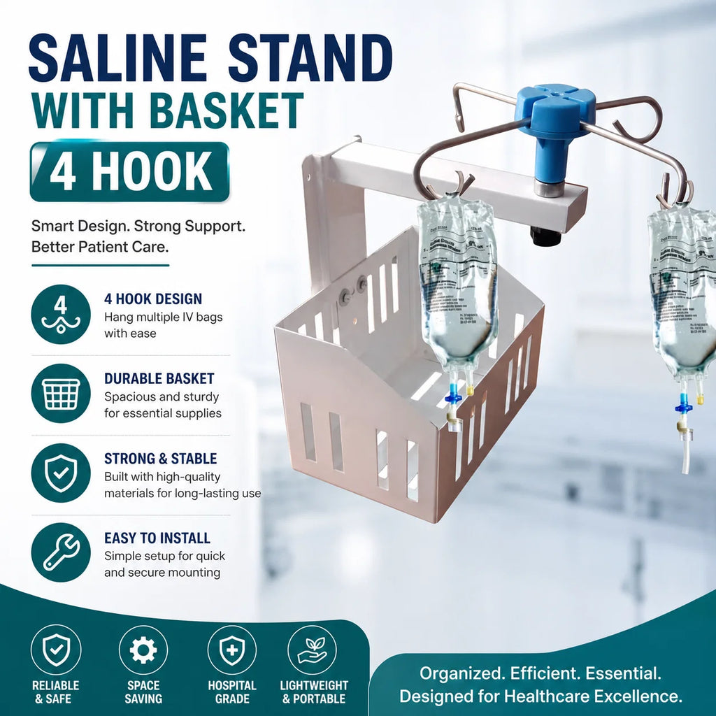Wall Mounted IV Stand with Storage Basket & 4 Hooks | Saline Bottle Holder for Hospital Bedside | Space Saving Medical Utility Rack for ICU, OT, Clinics, Home Care & Patient Rooms