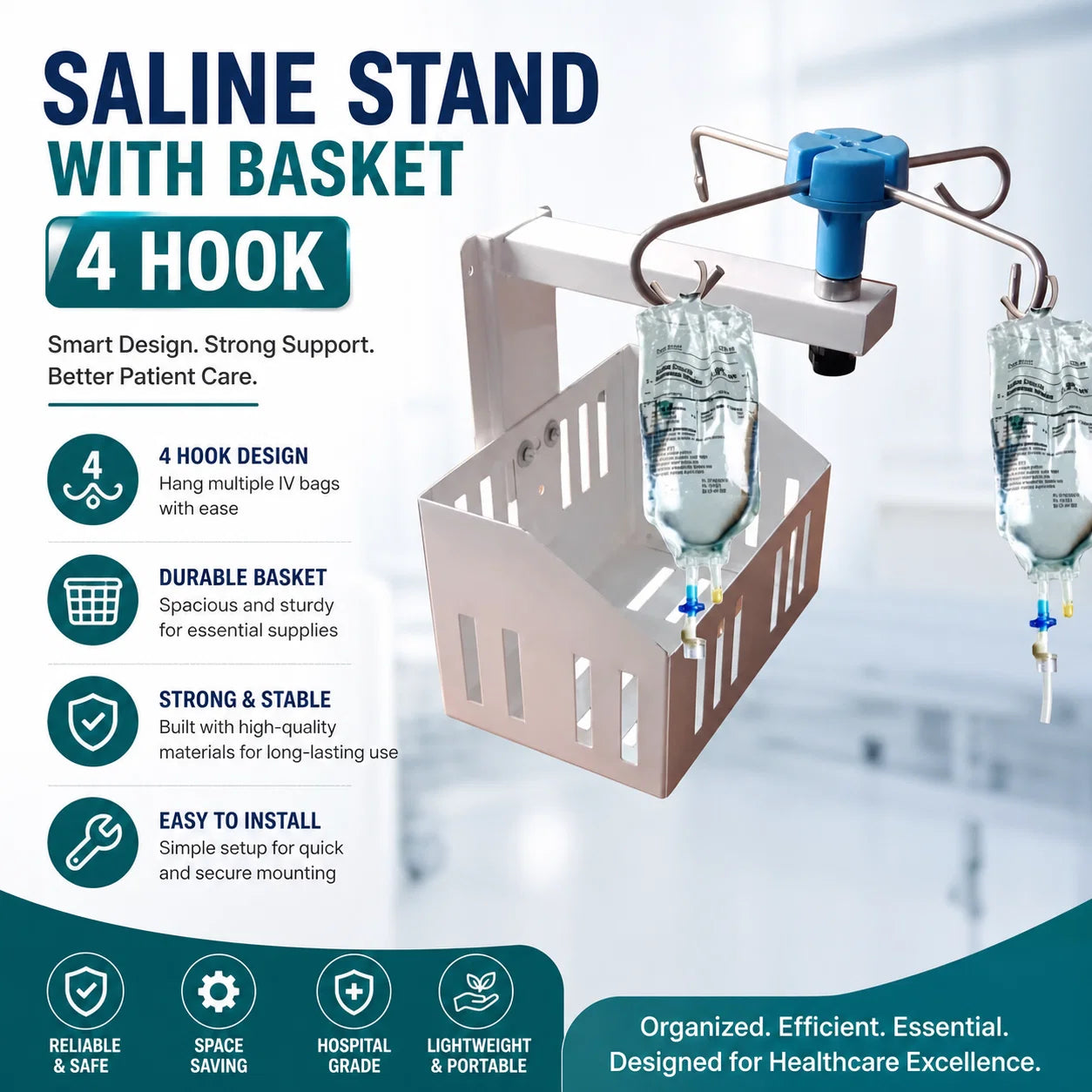Wall Mounted IV Stand with Storage Basket & 4 Hooks | Saline Bottle Holder for Hospital Bedside | Space Saving Medical Utility Rack for ICU, OT, Clinics, Home Care & Patient Rooms