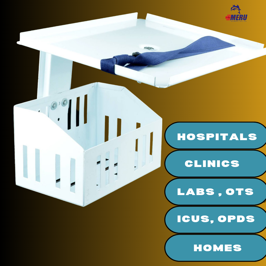 Patient Monitor Wall Mount Stand with Storage Basket & Becure Belt | Heavy Duty Stainless Steel | 50 Kg Capacity | Fully Adjustable Medical Monitor Holder. For Hospitals, ICU, OT, OPD.