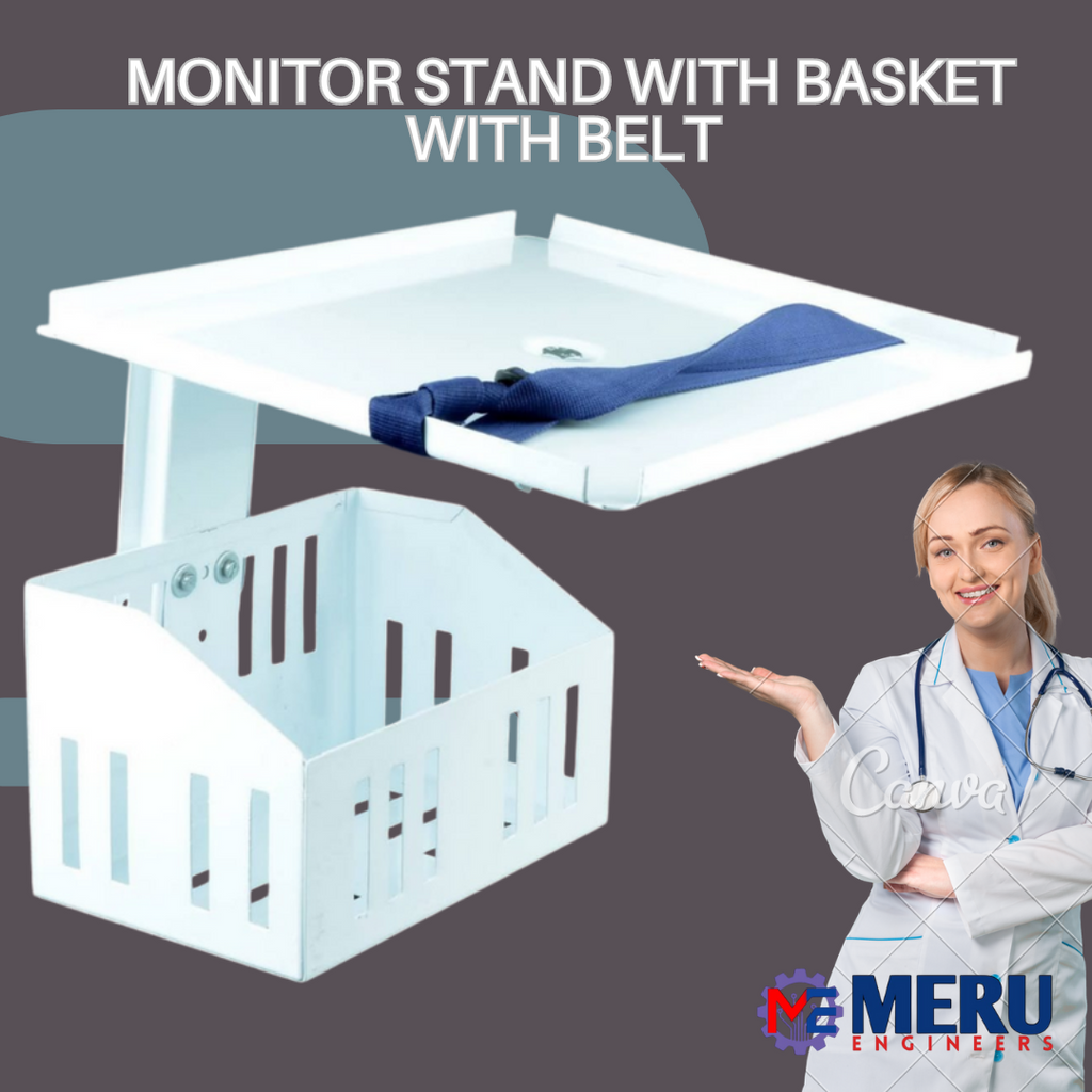 Patient Monitor Wall Mount Stand with Storage Basket & Becure Belt | Heavy Duty Stainless Steel | 50 Kg Capacity | Fully Adjustable Medical Monitor Holder. For Hospitals, ICU, OT, OPD.