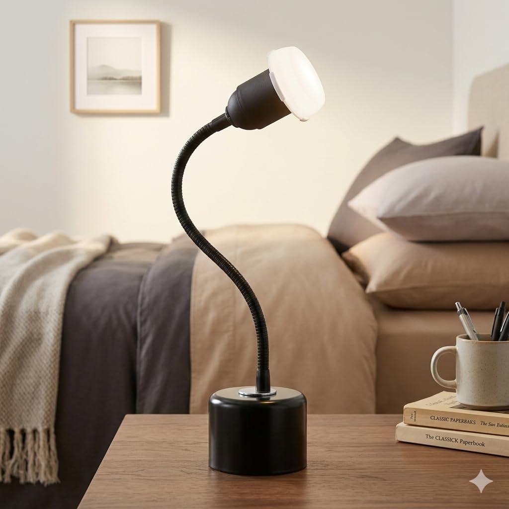 Flexible Gooseneck Table Lamp | Adjustable Metal Desk Lamp with E27 Holder | Study/Bedside/Reading Light | Modern Black Base Lamp for Home & Office (Minimalist)