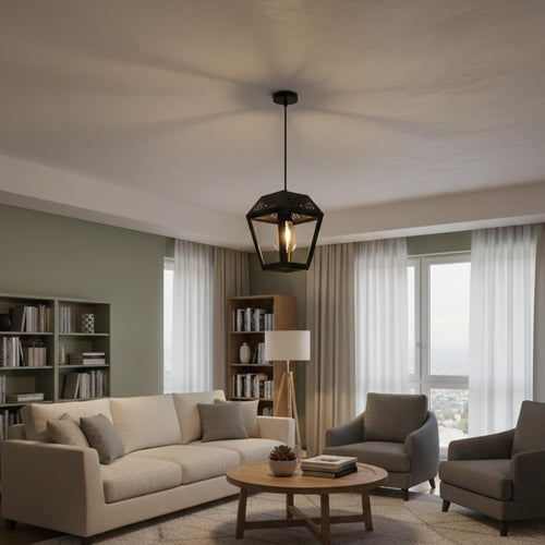 Ceiling Hanging Light Hexa Round Shape Black Pendant for Dining Table, Living Room, Bedroom, Restaurants, Offices, Cafes, Hotels. E27 Bulb Type. (Bulb Not Included) (Mid-Century Modern)
