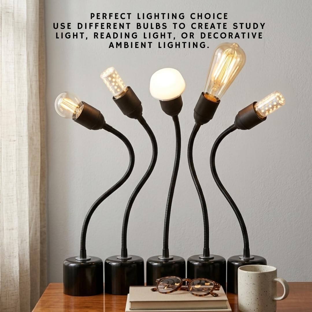 Flexible Gooseneck Table Lamp | Adjustable Metal Desk Lamp with E27 Holder | Study/Bedside/Reading Light | Modern Black Base Lamp for Home & Office (Minimalist)