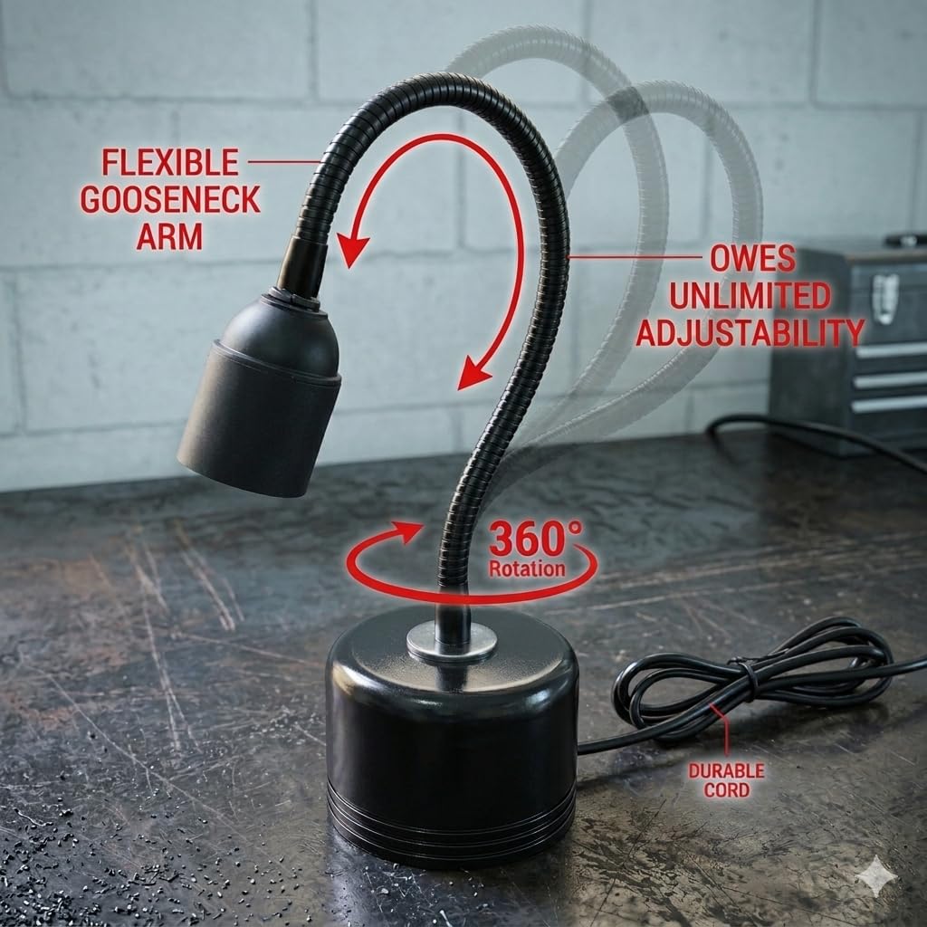 Flexible Gooseneck Table Lamp | Adjustable Metal Desk Lamp with E27 Holder | Study/Bedside/Reading Light | Modern Black Base Lamp for Home & Office (Minimalist)