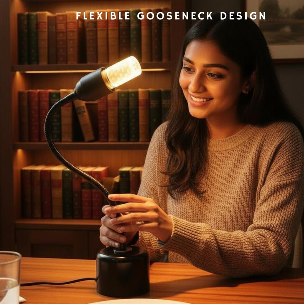Flexible Gooseneck Table Lamp | Adjustable Metal Desk Lamp with E27 Holder | Study/Bedside/Reading Light | Modern Black Base Lamp for Home & Office (Minimalist)