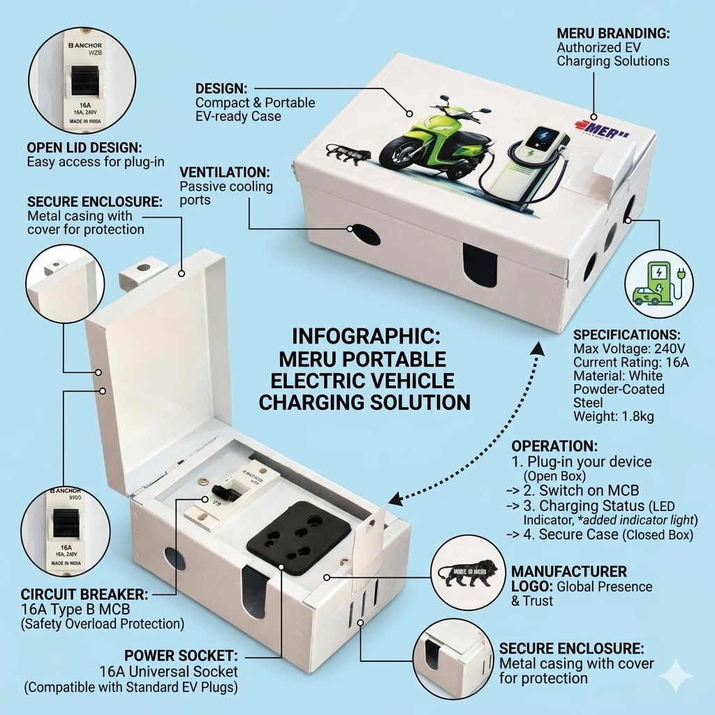 EV Charging Box with 16 MCB & 16A Socket | Wall Mount Metal Enclosure for Electric Scooter & EV Charging | Weather-Resistant, Lockable. (Small)