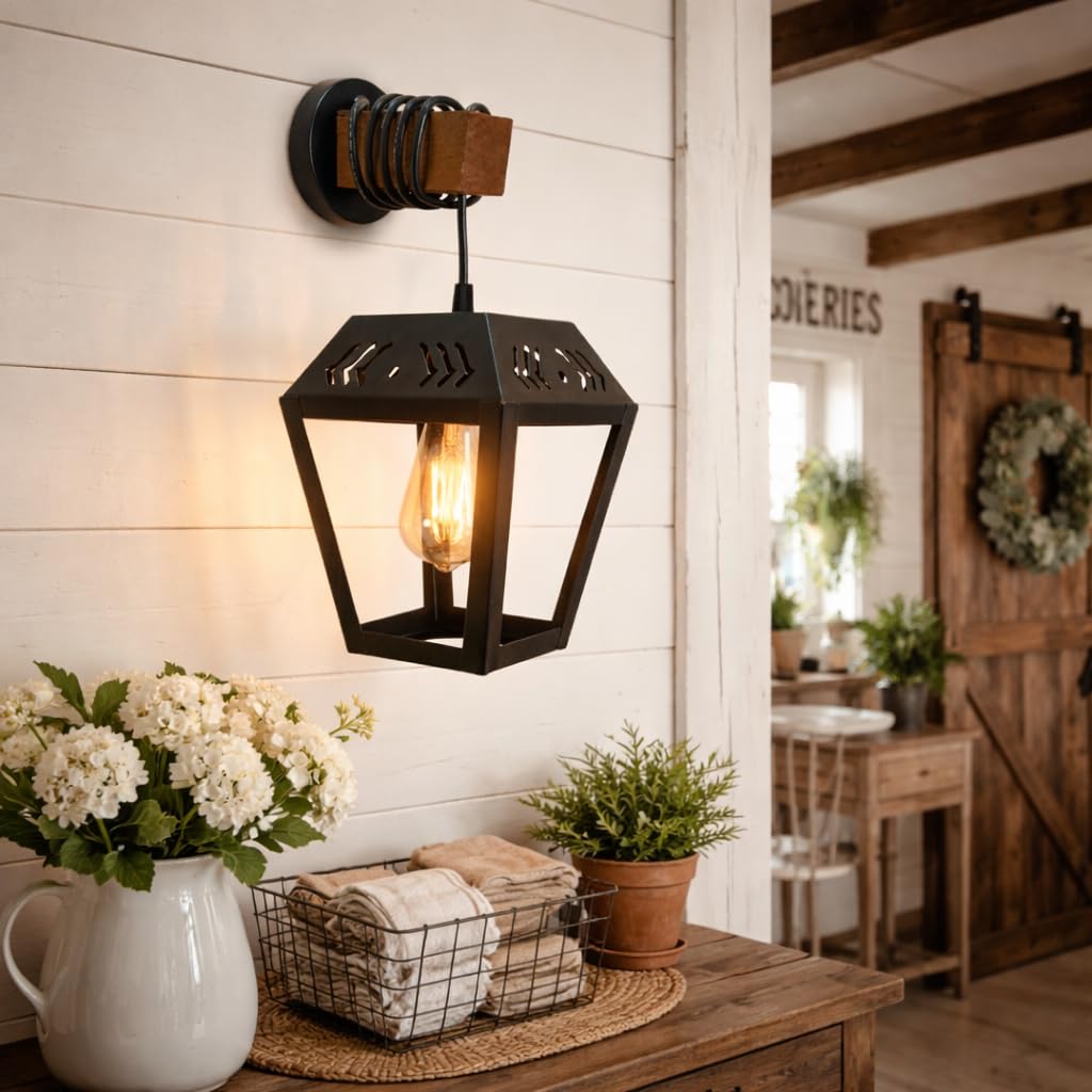 Modern Industrial Black Wall Sconce Light With Wooden Accent – Metal Lantern Style | Farmhouse Fixture | Vintage | for Bedroom, Living Room, Hallway, Restaurant & Cafe (Without Bulb) (Fine Art)
