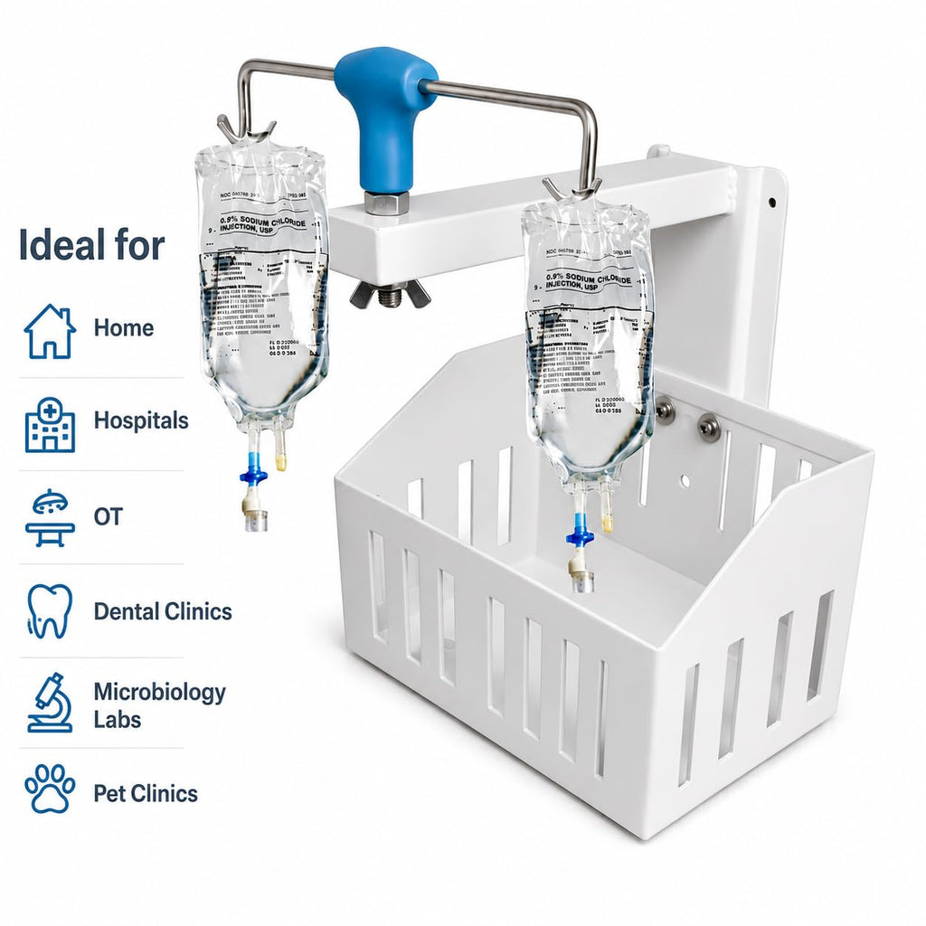 Saline Stand Wall Mount 2 Hook for Hospital, ICU, Clinics, Labs, Homes IV Saline Bags Saline Stand Wall Mount Saline Stand (Saline Stand 2 Hook with Basket Pack of 1)