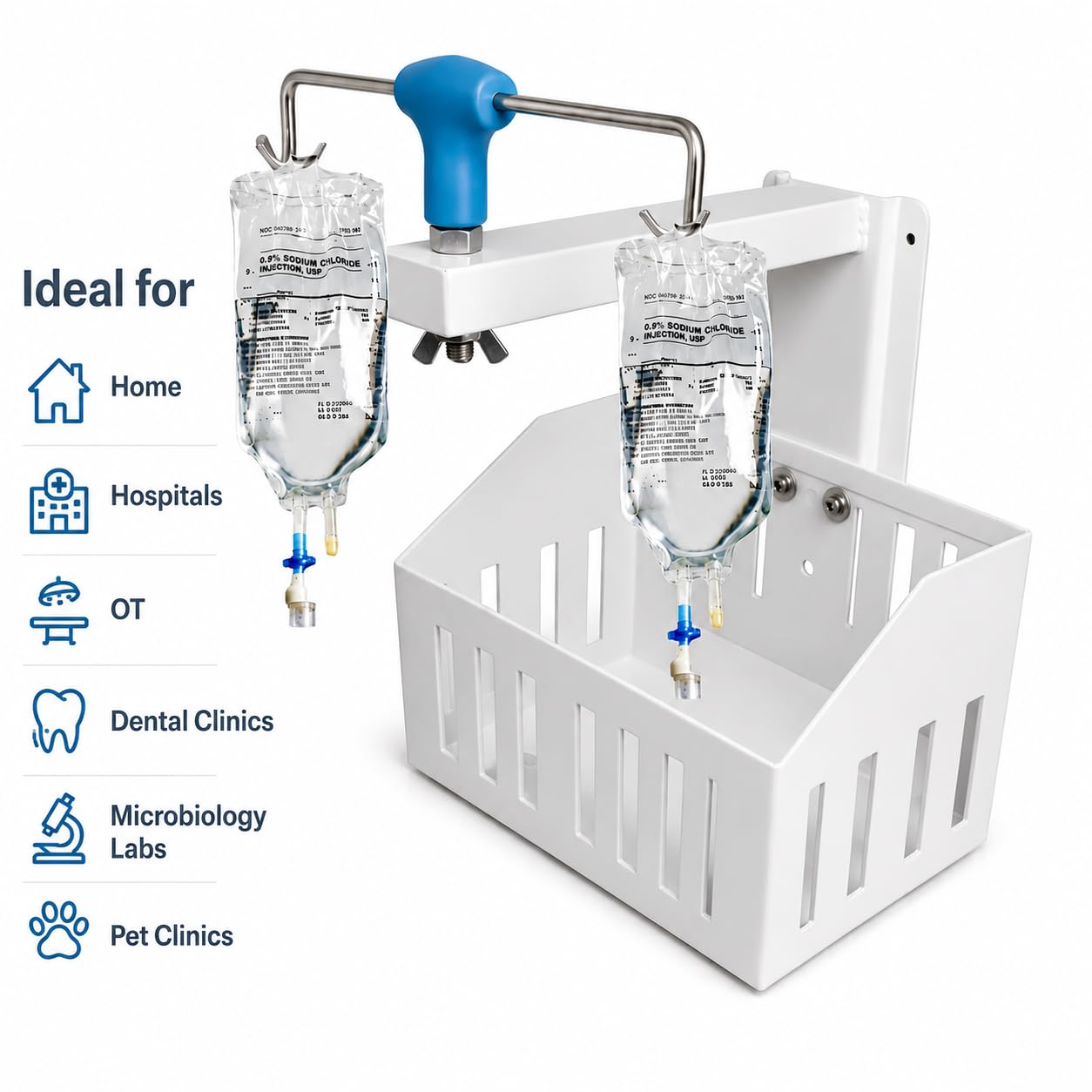 Saline Stand Wall Mount 2 Hook for Hospital, ICU, Clinics, Labs, Homes IV Saline Bags Saline Stand Wall Mount Saline Stand (Saline Stand 2 Hook with Basket Pack of 1)