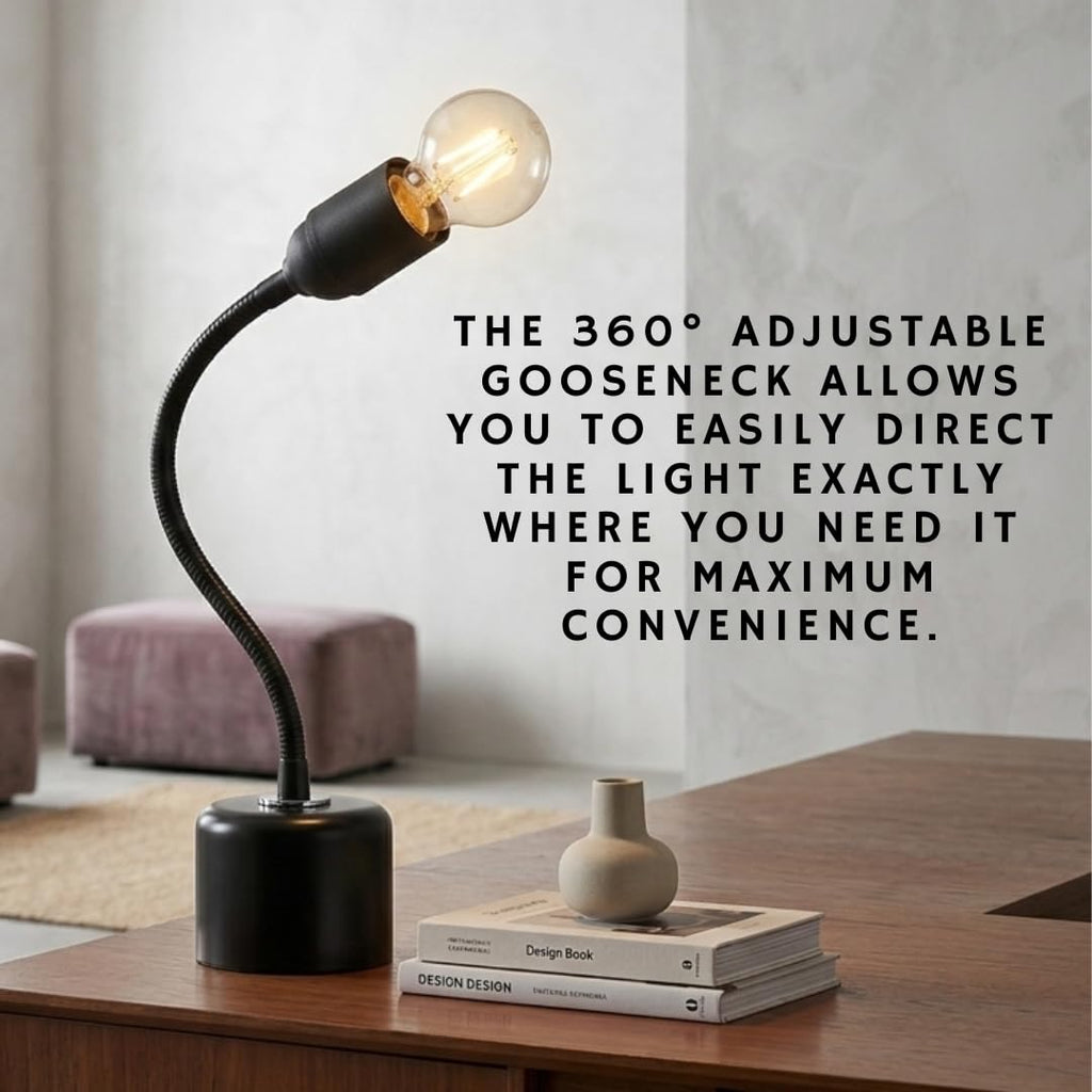 Flexible Gooseneck Table Lamp | Adjustable Metal Desk Lamp with E27 Holder | Study/Bedside/Reading Light | Modern Black Base Lamp for Home & Office (Minimalist)