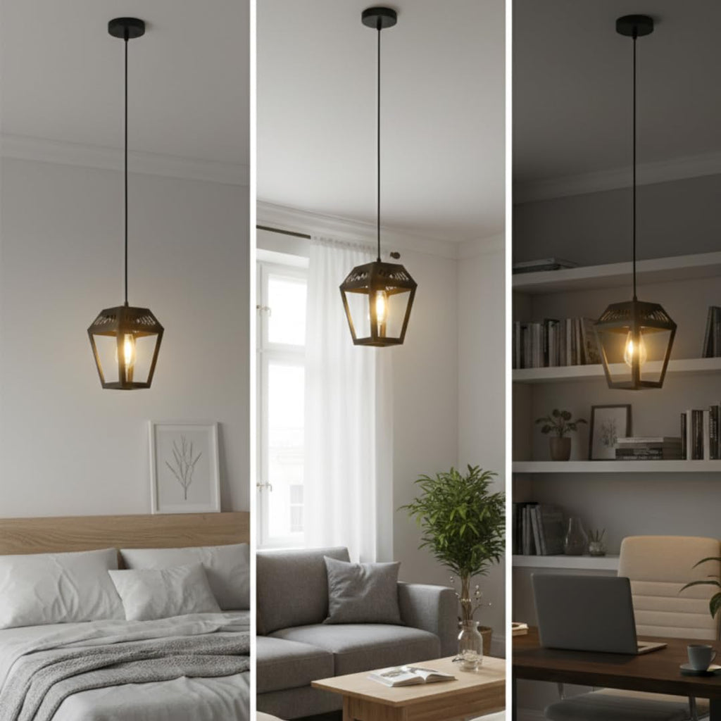 Ceiling Hanging Light Hexa Round Shape Black Pendant for Dining Table, Living Room, Bedroom, Restaurants, Offices, Cafes, Hotels. E27 Bulb Type. (Bulb Not Included) (Mid-Century Modern)