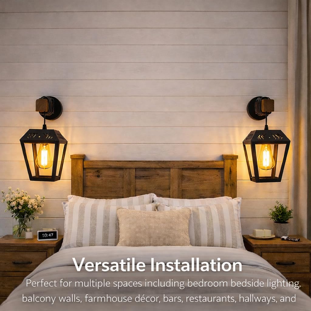 Modern Industrial Black Wall Sconce Light With Wooden Accent – Metal Lantern Style | Farmhouse Fixture | Vintage | for Bedroom, Living Room, Hallway, Restaurant & Cafe (Without Bulb) (Fine Art)