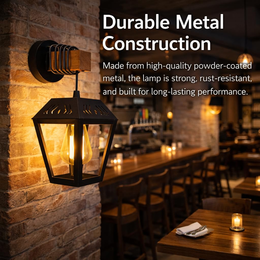 Modern Industrial Black Wall Sconce Light With Wooden Accent – Metal Lantern Style | Farmhouse Fixture | Vintage | for Bedroom, Living Room, Hallway, Restaurant & Cafe (Without Bulb) (Fine Art)