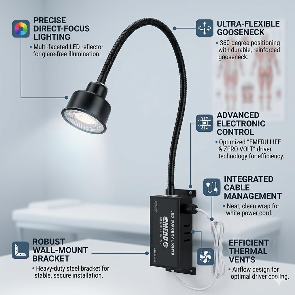 LED Examination Light 30000 Lux with Flexible Arm, Bright Illumination, Surgical Lamp, Clinic, Dental, Veterinary, OPD, Microbiology Lab, Gyanaecologist, Pet Clincs (Wall Mount, 3 LED 30K Lux)