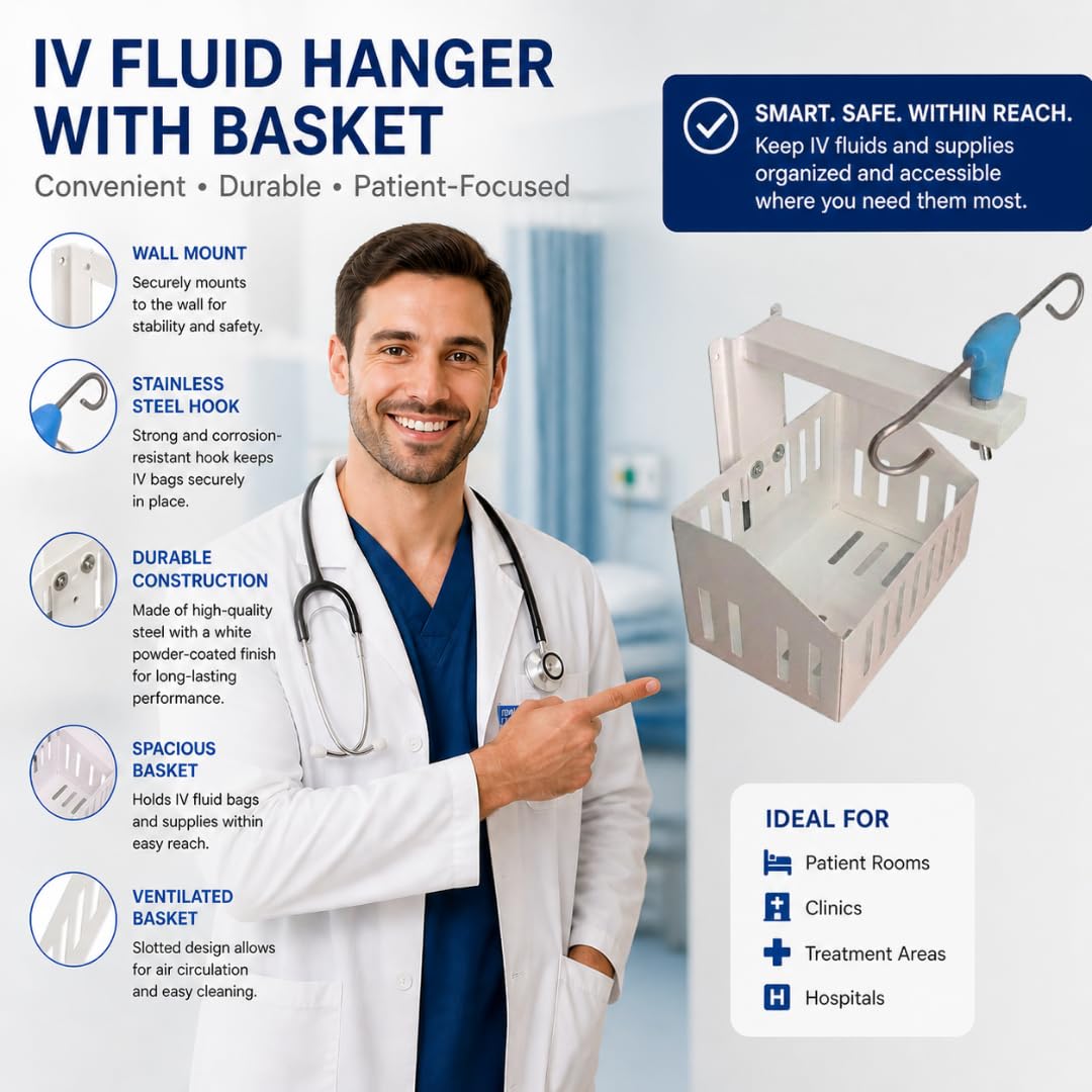 Saline Stand Wall Mount 2 Hook for Hospital, ICU, Clinics, Labs, Homes IV Saline Bags Saline Stand Wall Mount Saline Stand (Saline Stand 2 Hook with Basket Pack of 1)