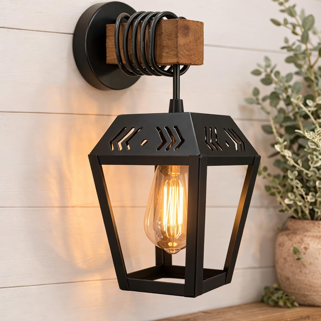 Modern Industrial Black Wall Sconce Light With Wooden Accent – Metal Lantern Style | Farmhouse Fixture | Vintage | for Bedroom, Living Room, Hallway, Restaurant & Cafe (Without Bulb) (Fine Art)