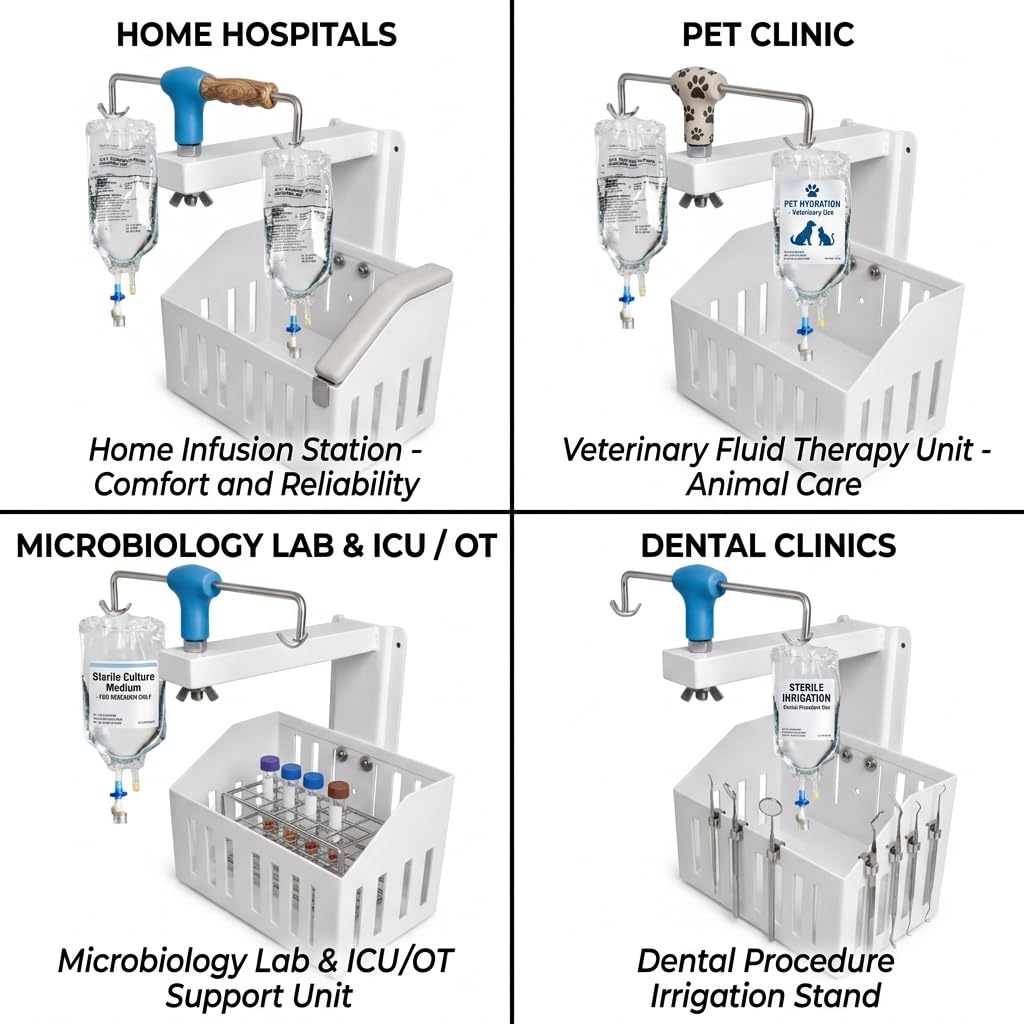 Saline Stand Wall Mount 2 Hook for Hospital, ICU, Clinics, Labs, Homes IV Saline Bags Saline Stand Wall Mount Saline Stand (Saline Stand 2 Hook with Basket Pack of 1)