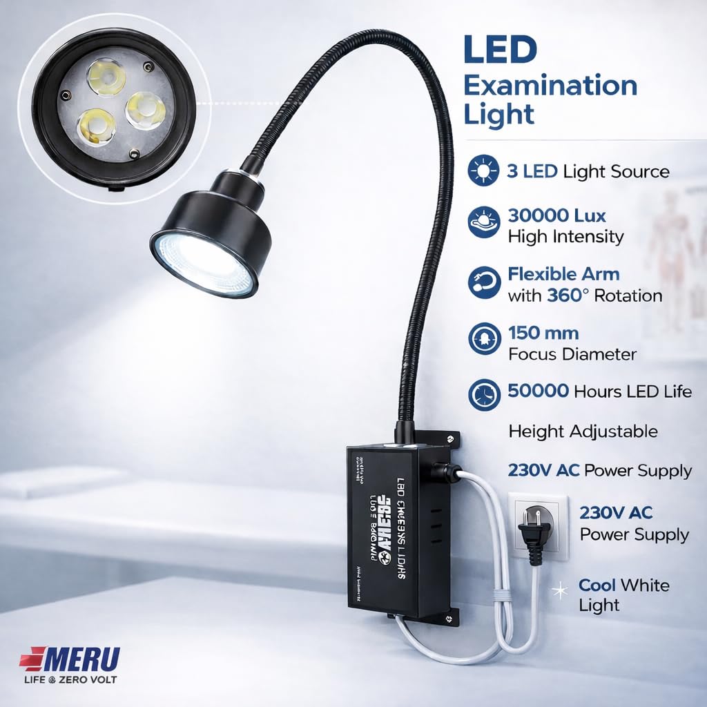 LED Examination Light 30000 Lux with Flexible Arm, Bright Illumination, Surgical Lamp, Clinic, Dental, Veterinary, OPD, Microbiology Lab, Gyanaecologist, Pet Clincs (Wall Mount, 3 LED 30K Lux)