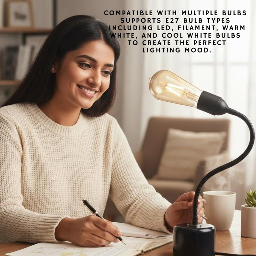 Flexible Gooseneck Table Lamp | Adjustable Metal Desk Lamp with E27 Holder | Study/Bedside/Reading Light | Modern Black Base Lamp for Home & Office (Minimalist)