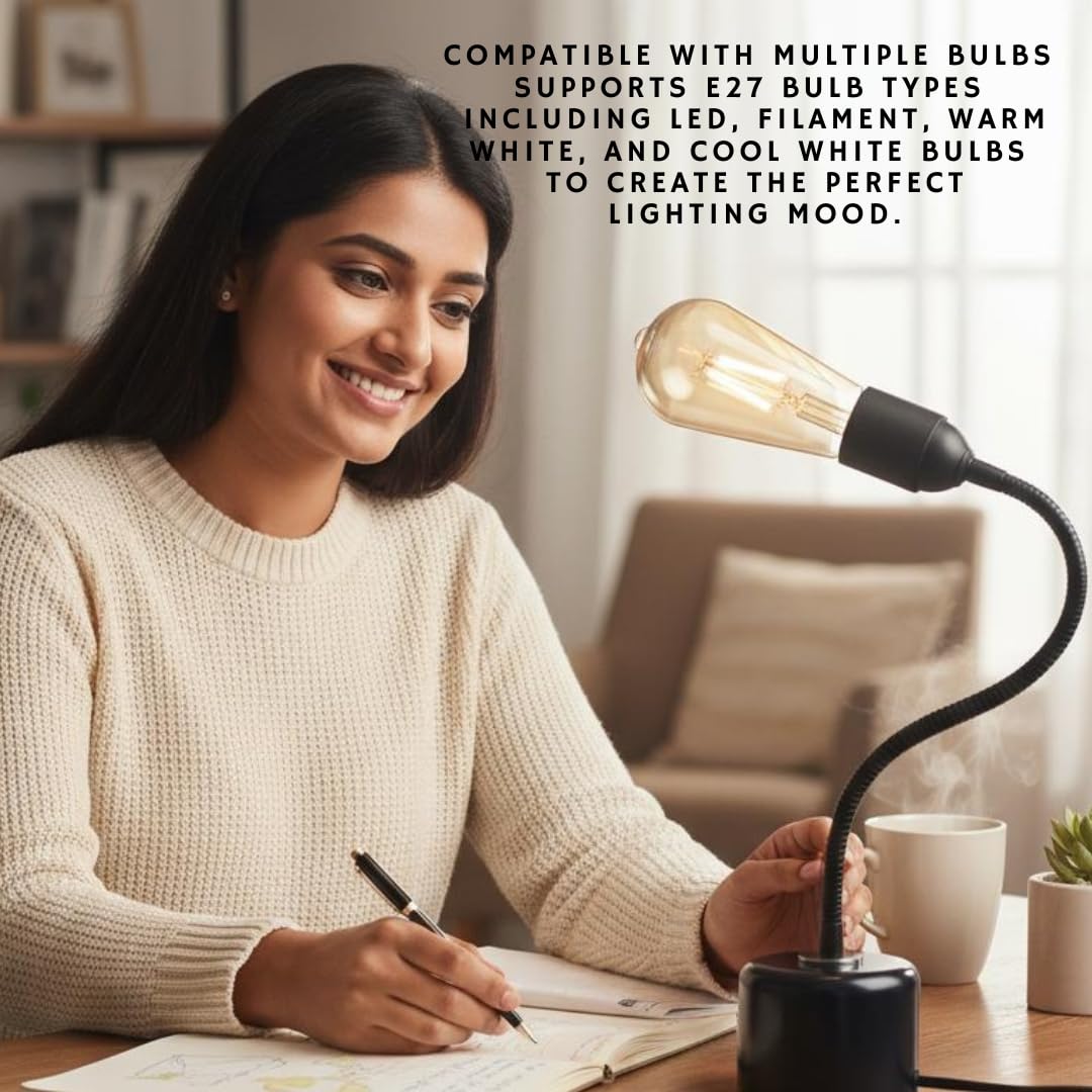Flexible Gooseneck Table Lamp | Adjustable Metal Desk Lamp with E27 Holder | Study/Bedside/Reading Light | Modern Black Base Lamp for Home & Office (Minimalist)