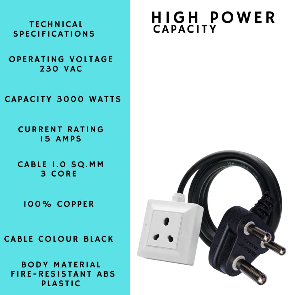 16 Amp Heavy Duty Extension Board 16 A Heavy Power Strip | Ideal for EV, AC, Refrigerator, Microwave, Washing Machine | (15A Extension Board, 1 Meter)