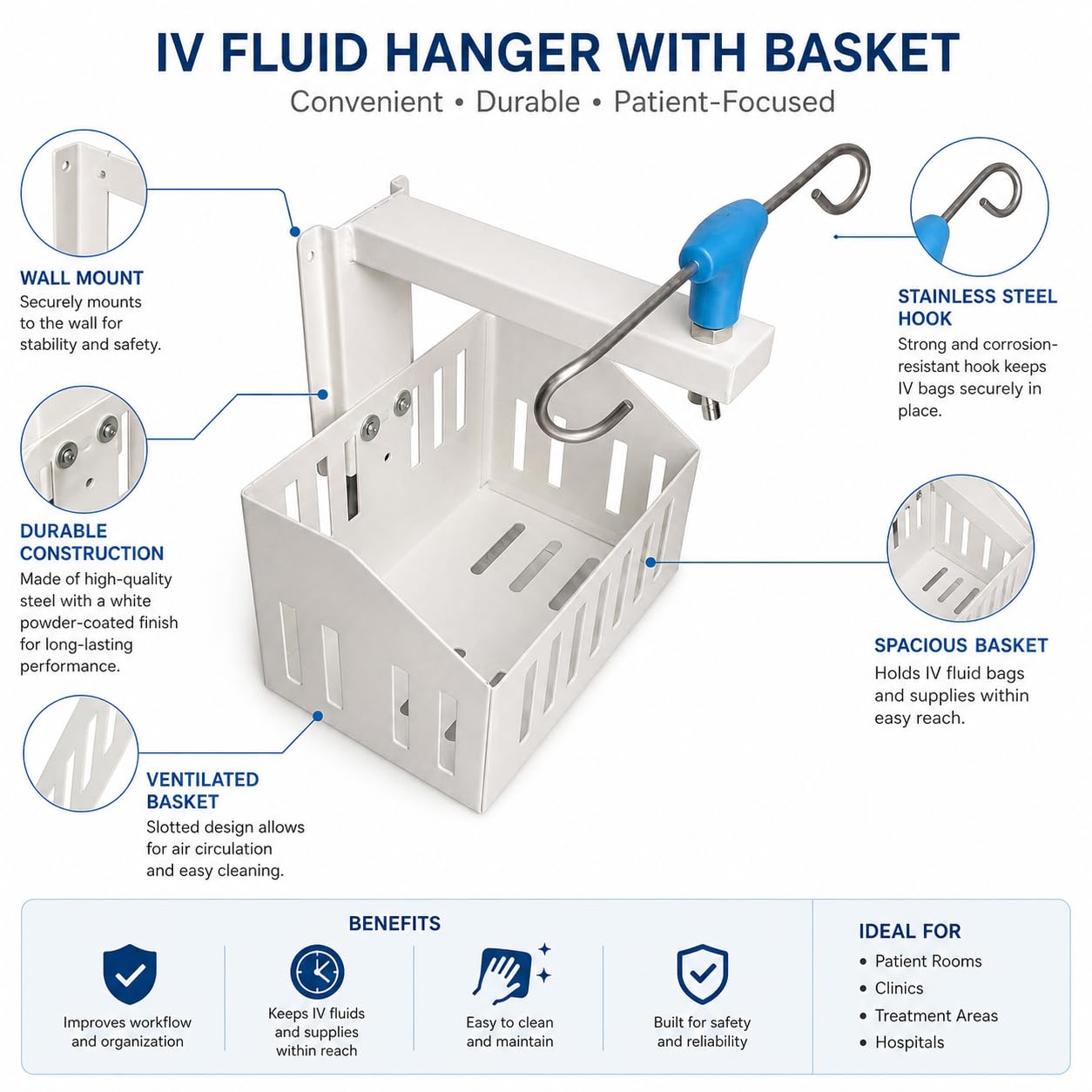 Saline Stand Wall Mount 2 Hook for Hospital, ICU, Clinics, Labs, Homes IV Saline Bags Saline Stand Wall Mount Saline Stand (Saline Stand 2 Hook with Basket Pack of 1)