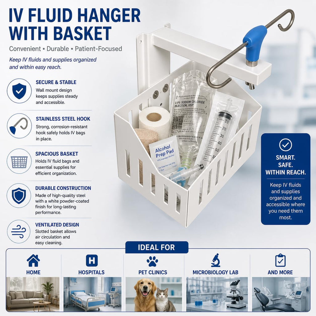 Saline Stand Wall Mount 2 Hook for Hospital, ICU, Clinics, Labs, Homes IV Saline Bags Saline Stand Wall Mount Saline Stand (Saline Stand 2 Hook with Basket Pack of 1)