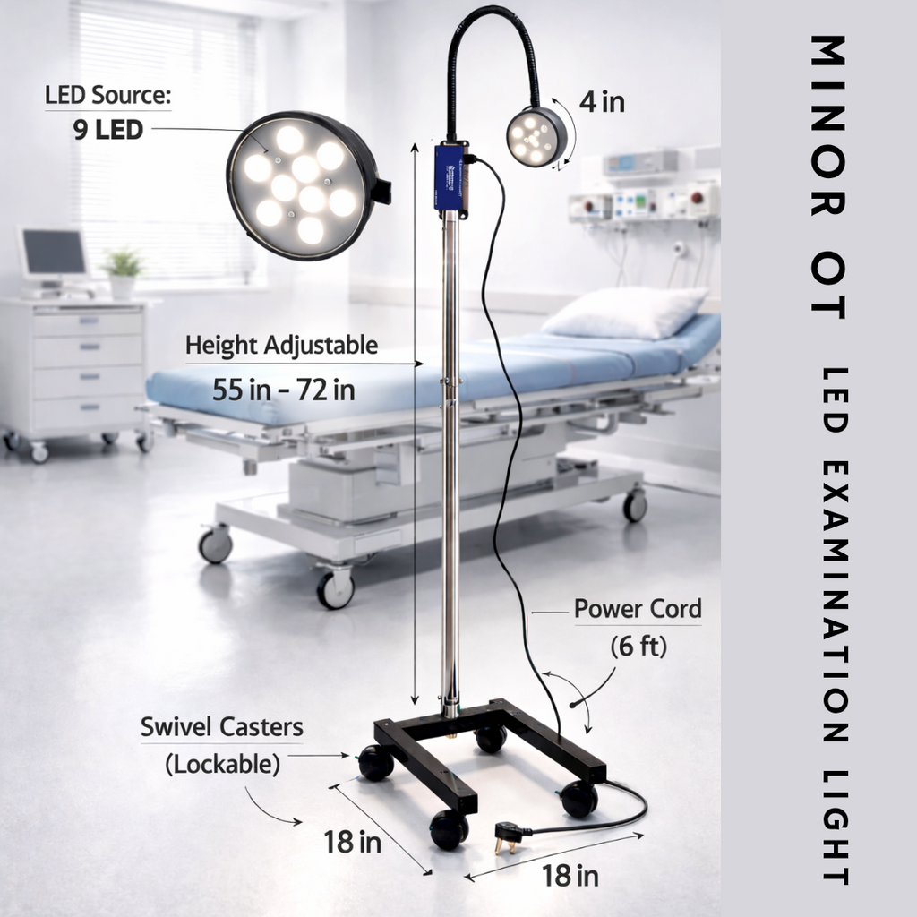 Minor OT Surgery LED Examination Light Stand Model 9 LED 60000 Lux capacity for Hospital, OT, Gyanaecologist, Microbiology Labs, Pet Clinics.