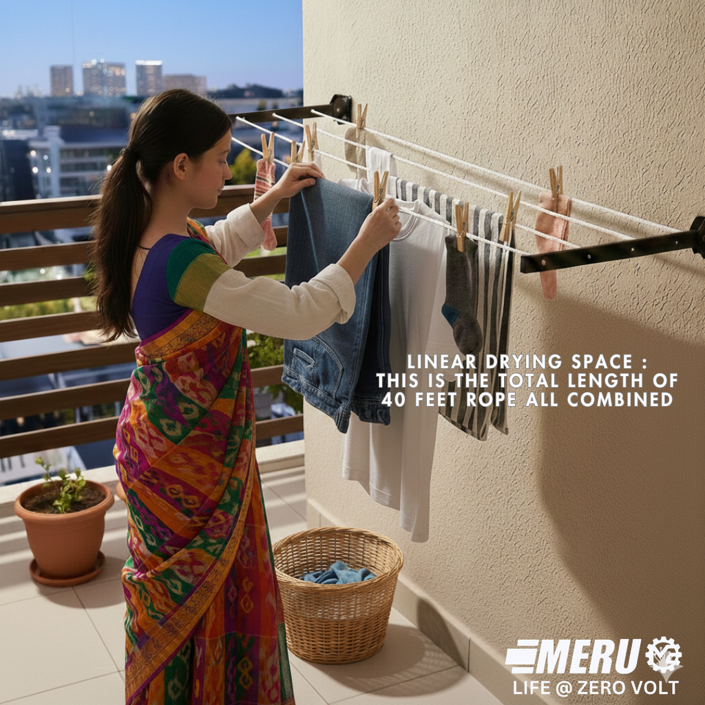 Foldable Wall Mounted Clothes Drying Stand | Space Saving Laundry Rack | Heavy Duty Steel Cloth Dryer for Balcony, Bathroom &amp; Indoor Use. With 50 Feet Cotton Rope.