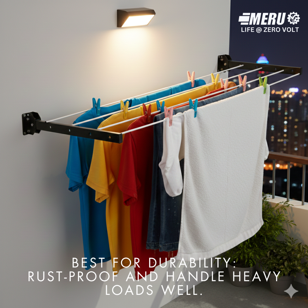 Foldable Wall Mounted Clothes Drying Stand | Space Saving Laundry Rack | Heavy Duty Steel Cloth Dryer for Balcony, Bathroom &amp; Indoor Use. With 50 Feet Cotton Rope.