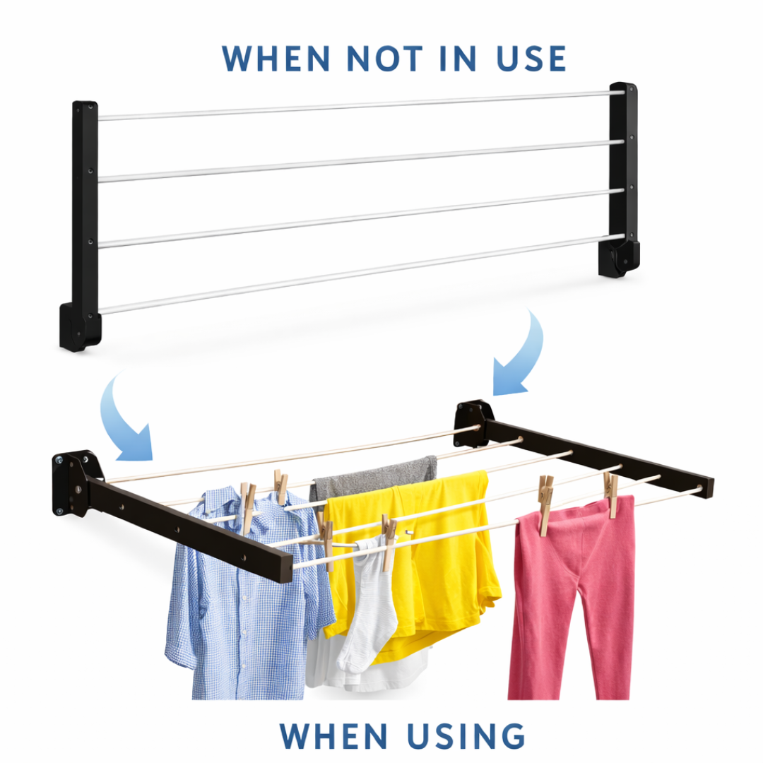 Foldable Wall Mounted Clothes Drying Stand | Space Saving Laundry Rack | Heavy Duty Steel Cloth Dryer for Balcony, Bathroom &amp; Indoor Use. With 50 Feet Cotton Rope.