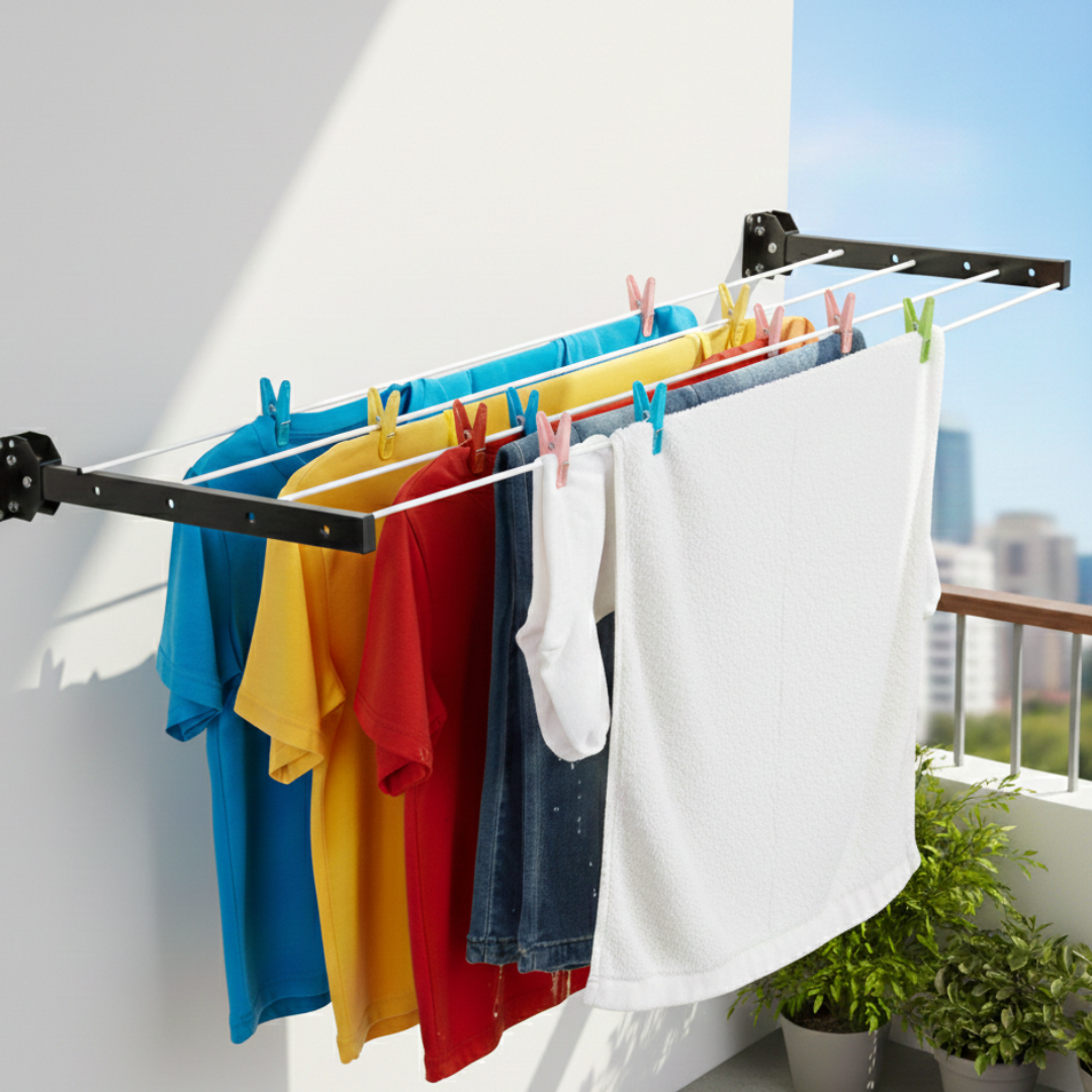 Foldable Wall Mounted Clothes Drying Stand | Space Saving Laundry Rack | Heavy Duty Steel Cloth Dryer for Balcony, Bathroom &amp; Indoor Use. With 50 Feet Cotton Rope.