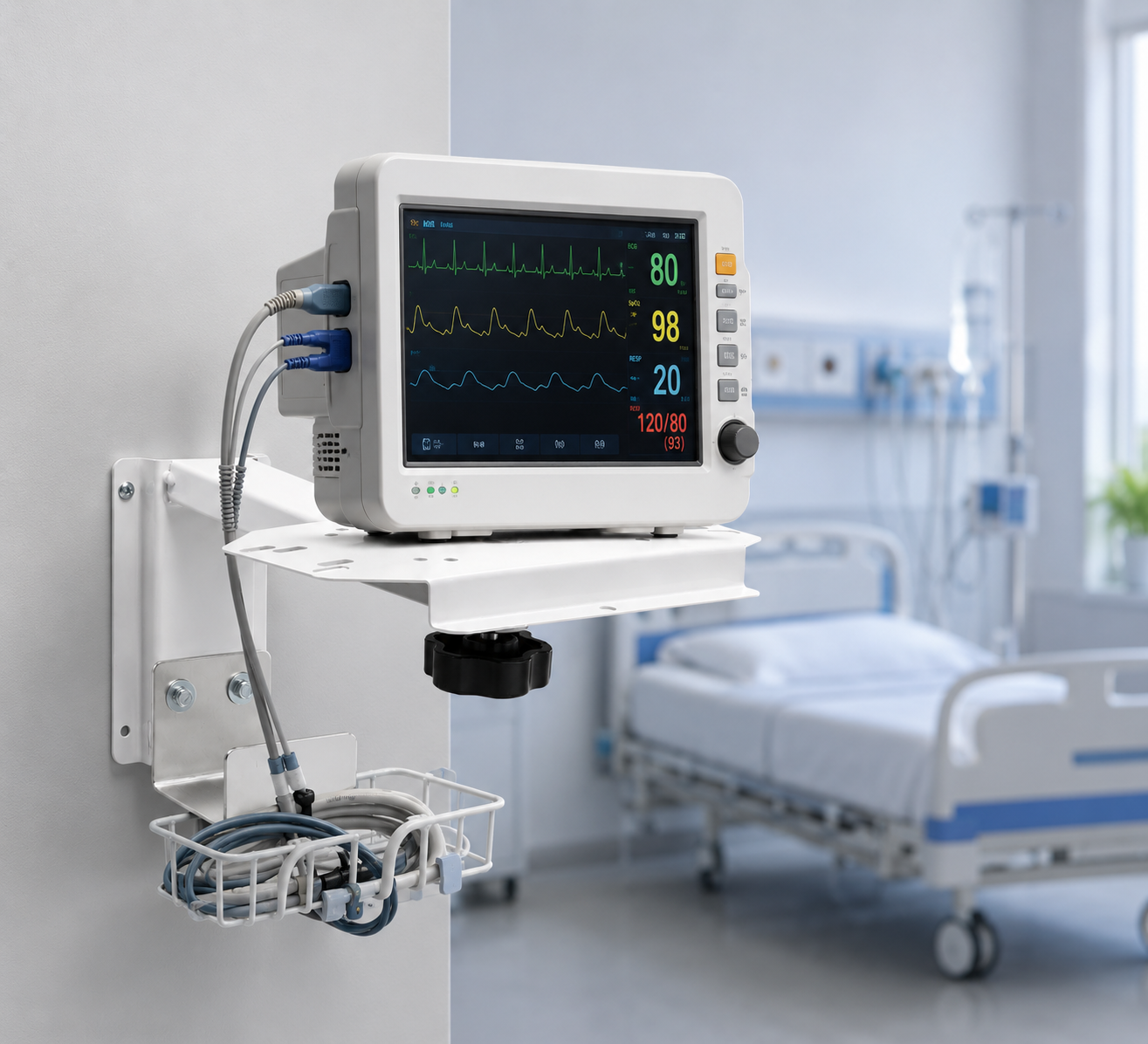Wall Mount for Patient Monitor | Heavy-Duty Powder-Coated Steel | Adjustable Left & Right Movement with Ergonomic Black Knob