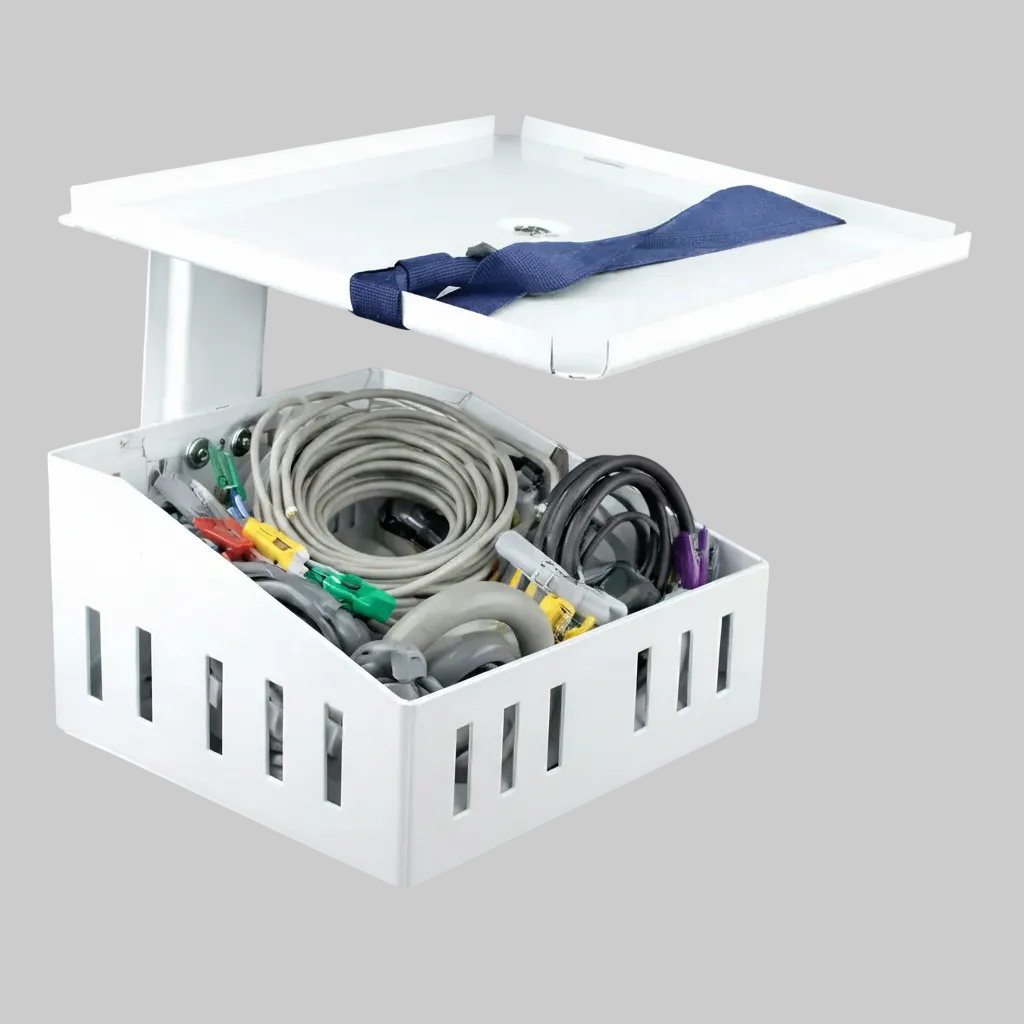 Patient Monitor Wall Mount Stand with Storage Basket & Becure Belt | Heavy Duty Stainless Steel | 50 Kg Capacity | Fully Adjustable Medical Monitor Holder. For Hospitals, ICU, OT, OPD.