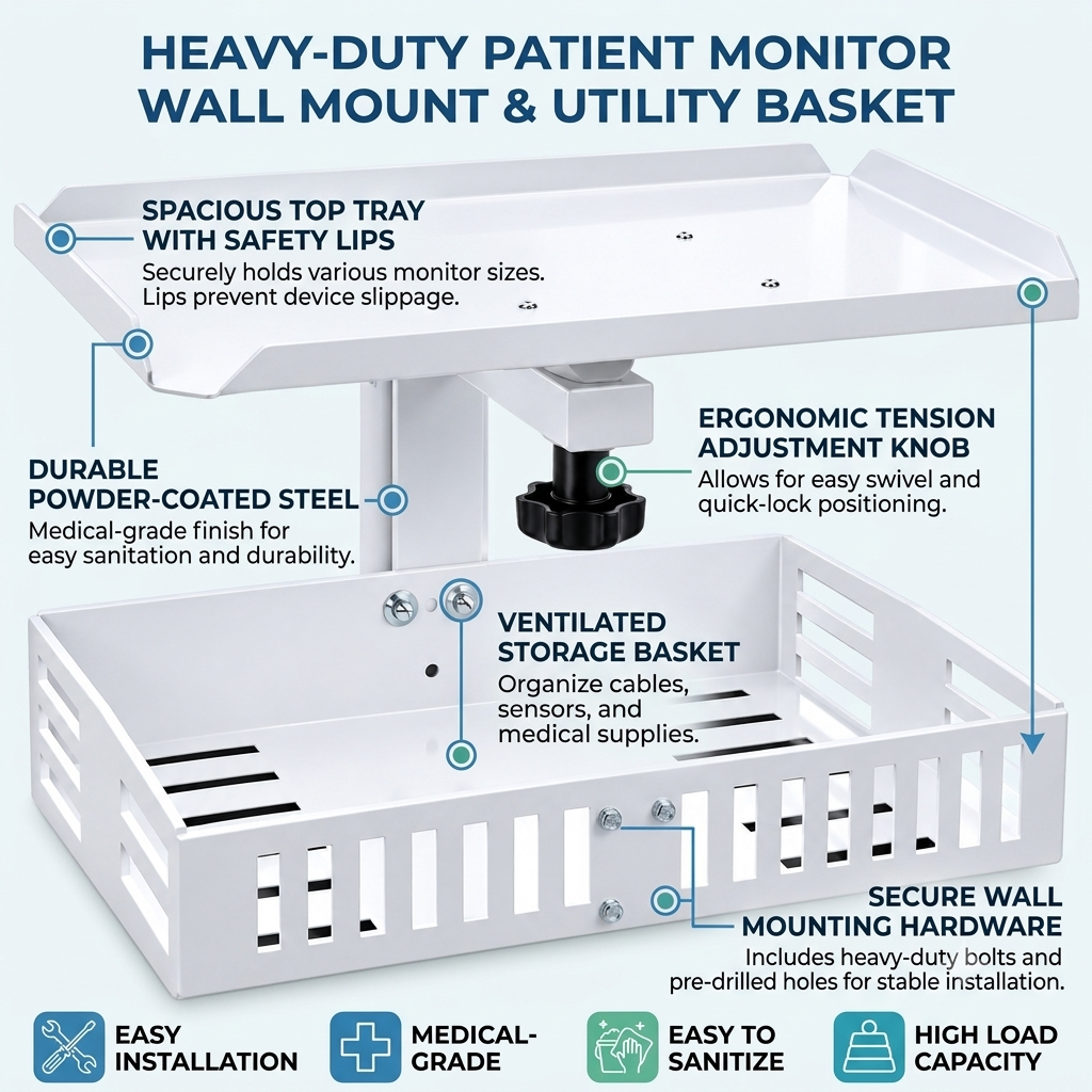 Patient Monitor Wall Stand With Storage Basket. Heay - Duty Metal Body With Left and Right Movement Compatible with All type Patient Monitor.