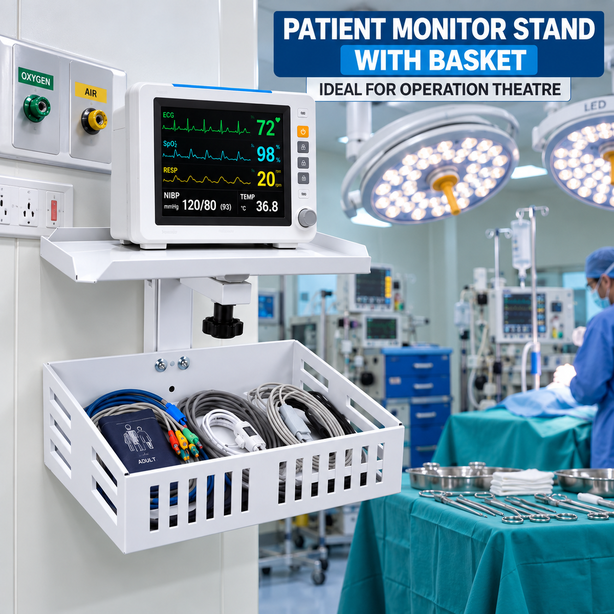 Patient Monitor Wall Stand With Storage Basket. Heay - Duty Metal Body With Left and Right Movement Compatible with All type Patient Monitor.