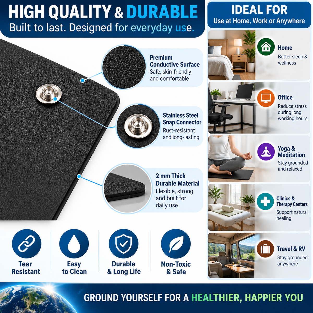 Grounding your Body to Earth for Feet with Safety Adapter, Earthing Cord & Conductive PVC Rubber Mat 25 x 50 cm Mat l Foot Earthing Mat for Home, Office and Relaxation. Reduces pain, stress or body voltage.