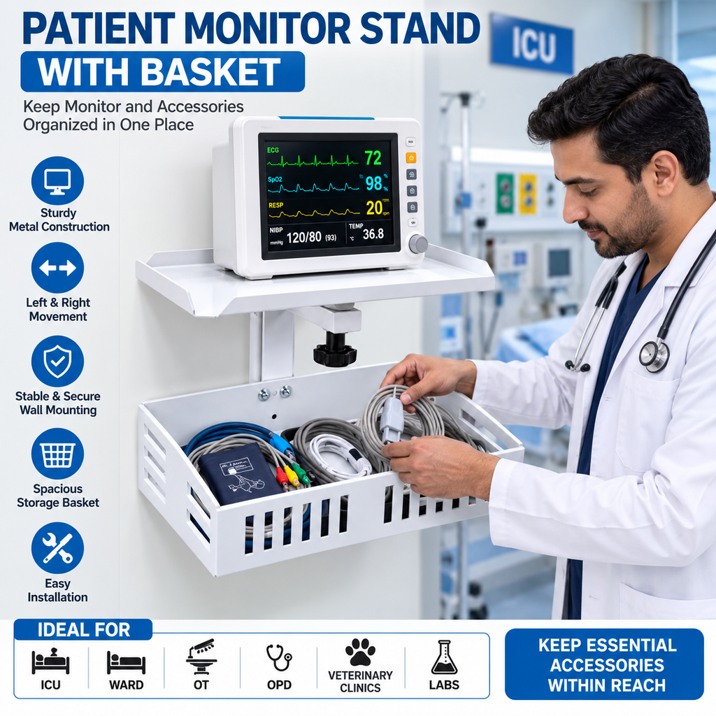 Patient Monitor Wall Stand With Storage Basket. Heay - Duty Metal Body With Left and Right Movement Compatible with All type Patient Monitor.