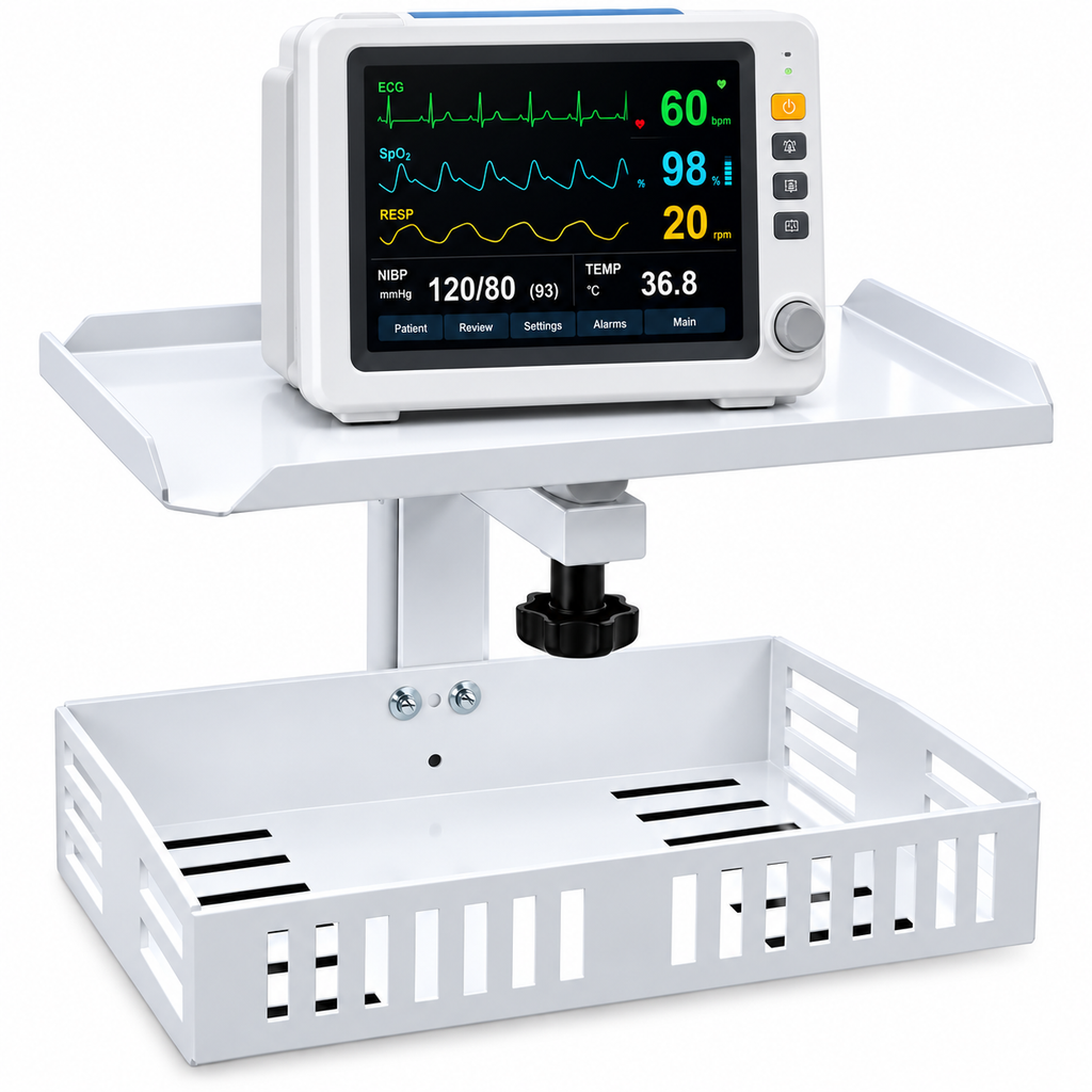 Patient Monitor Wall Stand With Storage Basket. Heay - Duty Metal Body With Left and Right Movement Compatible with All type Patient Monitor.