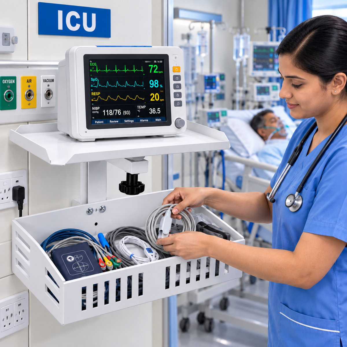 Patient Monitor Wall Stand With Storage Basket. Heay - Duty Metal Body With Left and Right Movement Compatible with All type Patient Monitor.