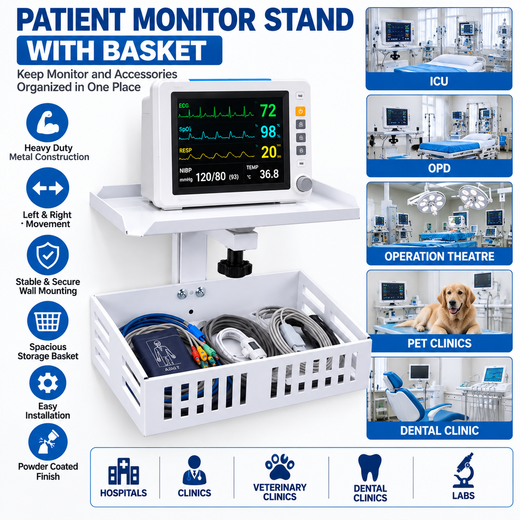 Patient Monitor Wall Stand With Storage Basket. Heay - Duty Metal Body With Left and Right Movement Compatible with All type Patient Monitor.